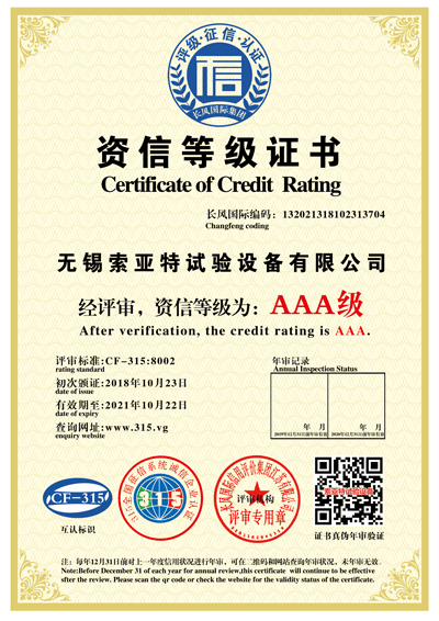 AAA級資信等級證書